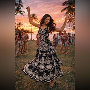 FARM Rio Black Maxi Dress with Cream Embroidered Pattern